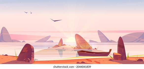 Sea beach and small island in water with rocks at sunrise. Vector cartoon morning landscape of ocean or lake coastline, sand shore with stones, wooden boat and rising sun with beams on horizon