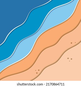 Sea and beach. Summer concept. Abstract background in paper cut style, imitation 3d effect. View from above. Vector illustration.