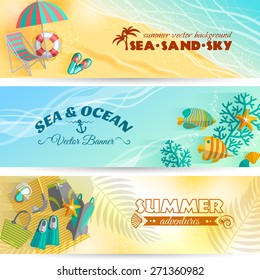 Sea beach summer holiday adventures horizontal banners set with swimming and diving accessories abstract isolated vector illustration