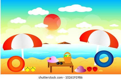 sea beach summer holiday to happy vacation, blue sea , gold sand beach, umbrella  and cap use protect UV, vector art and illustration.