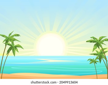 Sea beach. Summer seascape. Far away is the ocean horizon. Morning sun rise. Calm weather. Flat style illustration. Vector