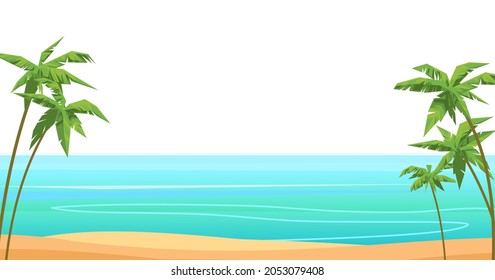 Sea beach. Summer seascape. Far away is the ocean horizon. Calm weather. Simple design. Flat style illustration. Vector