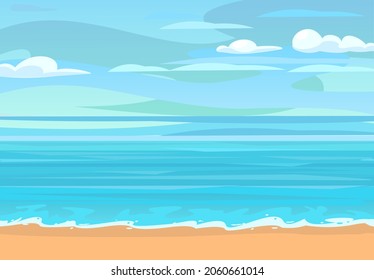 Sea beach. Summer seascape. Far away is the ocean horizon. Calm weather. Surf coastline waves. Flat style illustration. Vector