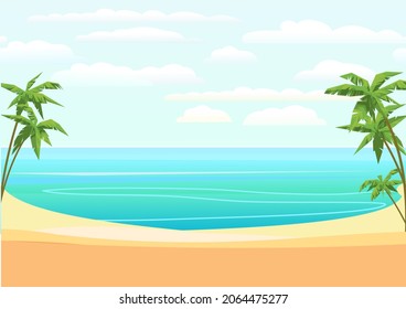 Sea beach. Summer seascape. Far away is the ocean horizon. Calm weather. Flat style illustration. Vector