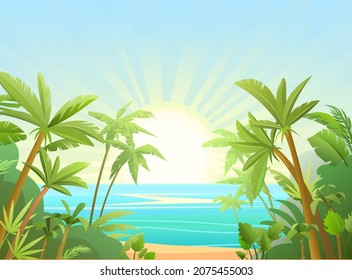 Sea beach. Summer seascape. Far away is the ocean horizon. Calm weather. View from rainforest jungle. Flat style illustration. Vector