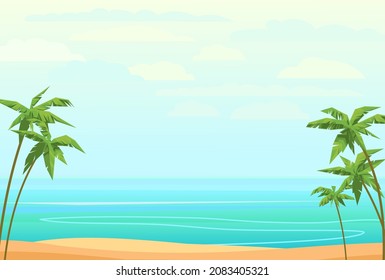 Sea beach. Summer seascape. Far away is the ocean horizon. Mild wet weather. Calm weather. Flat style illustration. Vector