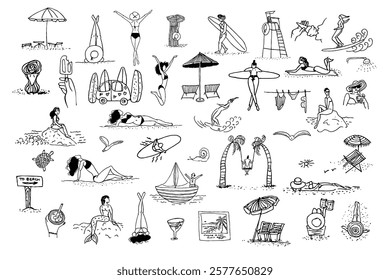 Sea, beach summer time travel. Vacation. Surfing, women, mermaid, ship, palm, cocktail. Hand drawn vector isolated set.