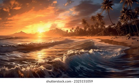 Sea beach summer vacation, nature with waves and sand, warm weather. Vector graphics background texture for interior, design, interior decoration, picture for printing, resort wallpaper