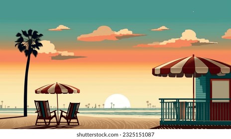 Sea beach summer vacation, nature with waves and sand, warm weather. Vector graphics background texture for interior, design, interior decoration, picture for printing, resort wallpaper