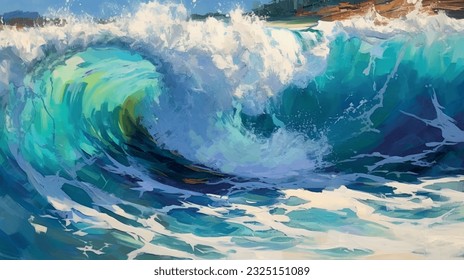 Sea beach summer vacation, nature with waves and sand, warm weather. Vector graphics background texture for interior, design, interior decoration, picture for printing, resort wallpaper