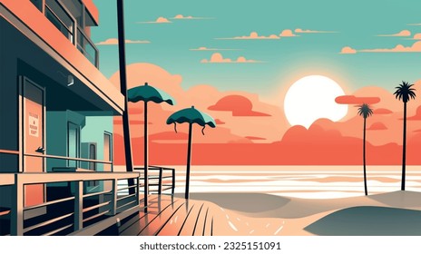 Sea beach summer vacation, nature with waves and sand, warm weather. Vector graphics background texture for interior, design, interior decoration, picture for printing, resort wallpaper