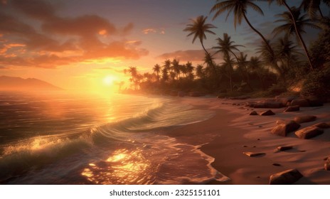 Sea beach summer vacation, nature with waves and sand, warm weather. Vector graphics background texture for interior, design, interior decoration, picture for printing, resort wallpaper