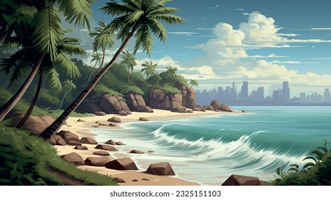 Sea beach summer vacation, nature with waves and sand, warm weather. Vector graphics background texture for interior, design, interior decoration, picture for printing, resort wallpaper