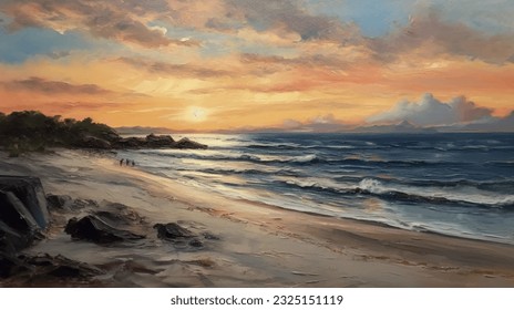 Sea beach summer vacation, nature with waves and sand, warm weather. Vector graphics background texture for interior, design, interior decoration, picture for printing, resort wallpaper