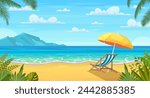 Sea beach and sun loungers. Seascape, vacation banner. Summertime on the beach. cartoon Palms and plants around. Summer vacation on sea coast. Vector illustration in flat style