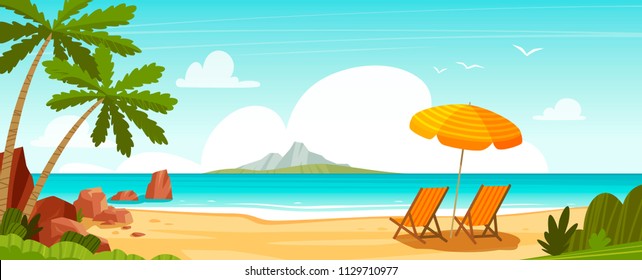 Sea beach and sun loungers. Seascape, vacation banner. Cartoon vector illustration