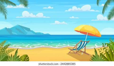 Playa de mar y tumbonas. Seascape, bandera de vacaciones. Verano en la playa. Palmas de dibujos animados y plantas alrededor. Vacaciones de verano en la costa. Ilustración vectorial en estilo plano