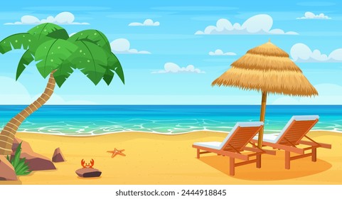 Sea beach and sun loungers. Seascape, vacation banner. Summertime on the beach. cartoon Palms and plants around. Summer vacation on sea coast. Vector illustration in flat style