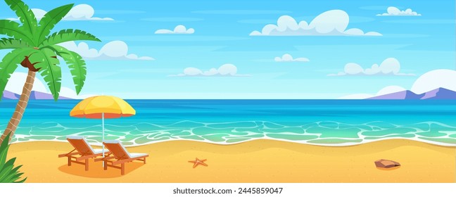 Sea beach and sun loungers. Seascape, vacation banner. Summertime on the beach. cartoon Palms and plants around. Summer vacation on sea coast. Vector illustration in flat style