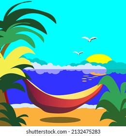 Sea, beach and sun on the background of a hammock. Summer season. Simple vector illustration.