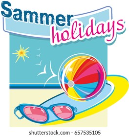 Sea, beach, sun on a sea background with an inscription summer weekends and holidays.