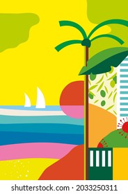 Sea, beach and sun - rest at the resort. Color illustration