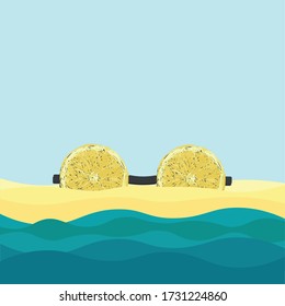 sea, beach and sunglasses vector background. realistic lemon glasses. holiday and summer concept. glasses in sand