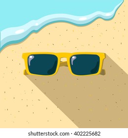 Sea and beach sunglasses vector illustration in flat style, summer beach wear, symbol of vacation, holiday at the sea illustration, summer holiday concept, flat style illustration for beach life day