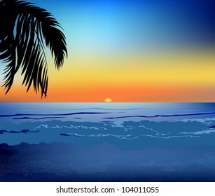 Das Meer und der Strand bei Sonnenuntergang. Im Schatten der Palmen
