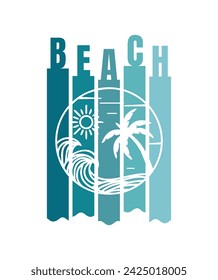 Ilustración temática de playa de mar. Obra de arte de verano. Estampado vectorial para camiseta. Se puede utilizar para los gráficos de la camiseta, impresión, póster, banner, flyer, postal. Vector Palmera, puesta del sol, salida del sol, playa del sol.