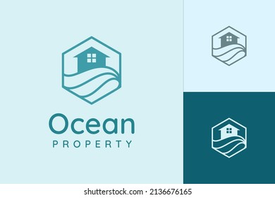 Sea or beach theme real estate logo in simple line and hexagon shape