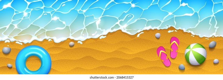 Sea beach top view, coastline with slippers, ball and inflatable ring on sand with blue foamy wave splashing. Summer vacation, holidays on ocean shore with clean water surface, 3d vector background