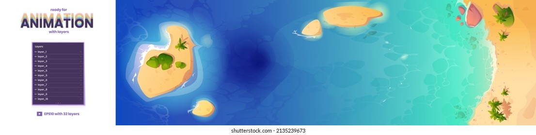 El fondo de la vista de la orilla del mar es paralelo para la animación de juegos con capas separadas en 2d. Costa oceánica tropical con palmeras y rocas en paisaje natural azul de agua limpia, ilustración vectorial de caricatura