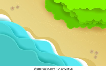 sea and beach top view with tree and sand in paper cut craft style design vector illustration for banner, summer advertising, tropical island concept vector illustration