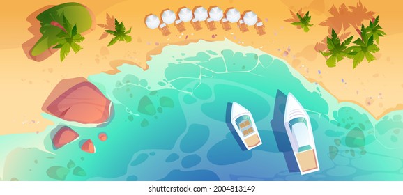 Sea beach top view, tropical ocean coastline with umbrella, lounges, moored yachts, palm trees and rocks in blue clean turquoise water. Sandy shore scenery nature landscape Cartoon vector illustration