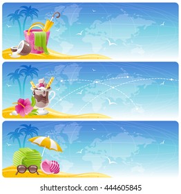 Sea beach travel banner set with summer holidays symbols. World map background. Concept illustration contain bag, hawaiian hibiscus, beach parasol, coconut, ice cream dessert, hotel towels, sunglasses