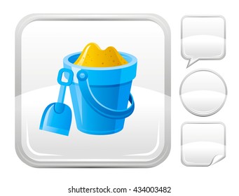 Sea beach and travel icon with  kid's bucket and shovel and other blank button forms - speaking bubble, circle, sticker