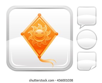 Sea beach and travel icon with kite and sun on square background and other blank button forms - speaking bubble, circle, sticker