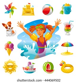 Sea beach travel icon set with vacation summer symbols. White background. Concept icons contain swimming baby girl, puppy, ice cream, rubber ring, beach rainbow parasol, sand castle, toy steamboat