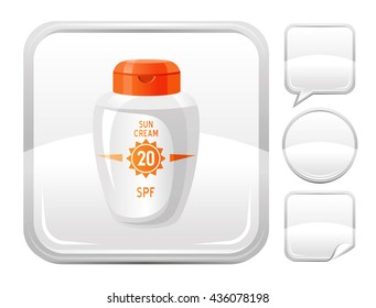 Sea beach and travel icon with sun protection cream on square background and other blank button forms - speaking bubble, circle, sticker