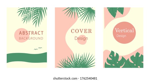 Sea, beach and tropical theme backgrounds for social media banners, posters or covers. Trendy style patterns. Background for mobile phone. Vertical backdrop. Vector illustration