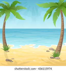 Sea beach with two palm tree, sea and sky. Vacation travel background.