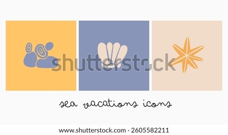 Sea, beach vacation concept. Seashells, stones and pebbles icon set. Hand drawn modern Vector illustration. Isolated design elements. Logo, branding, packaging, web, print templates