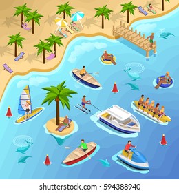 Sea beach vacation isometric composition with tropical landscape and people sunbathing sailing surfing and banana boating vector illustration