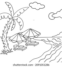 sea beach Vector. sea beach art for kids coloring book black and white Illustration.