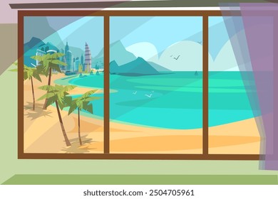 Sea and beach view from large window with blue water, gold sand, green palms, city skyline in distance with mountains. Vacation concept or banner for travel agency. Relax flat vector illustration.