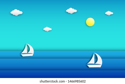 Sea and beach view in summer with sun, cloud and sail boat on waves in paper cut and craft style design, vector illustration