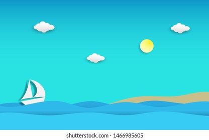 Sea and beach view in summer with sun, cloud and sail boat on waves in paper cut and craft style design, vector illustration
