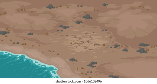 Sea beach and wasteland with dry cracked soil. Vector cartoon landscape with ocean shore and barren ground surface with stones and fractures from drought, erosion or earthquake