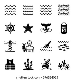Sea Beach Wave Fisherman Vector Icon Set